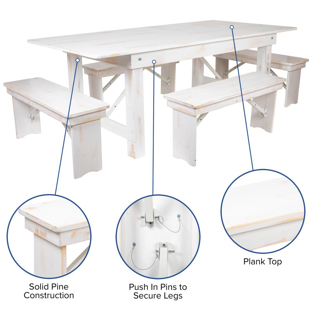 HERCULES Series 7' x 40" Antique Rustic White Folding Farm Table and Four Bench Set. Picture 6