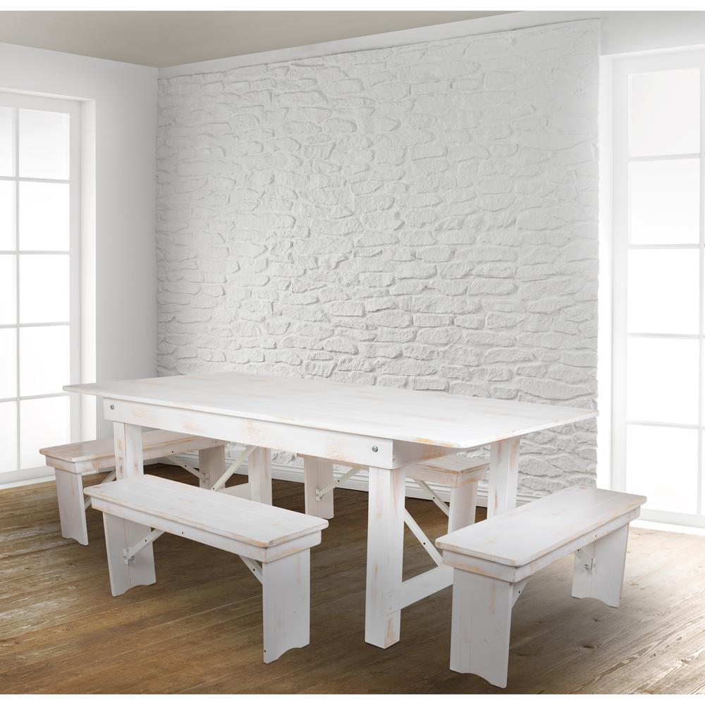 HERCULES Series 7' x 40" Antique Rustic White Folding Farm Table and Four Bench Set. Picture 11