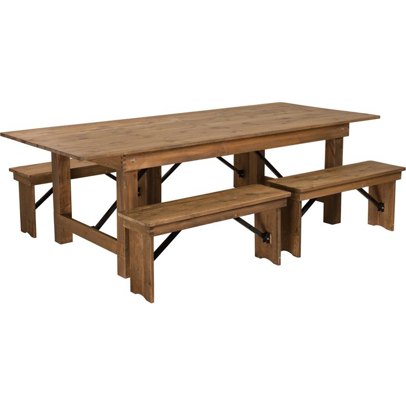 8' x 40'' Antique Rustic Folding Farm Table and Four 40.25"L Bench Set. Picture 1