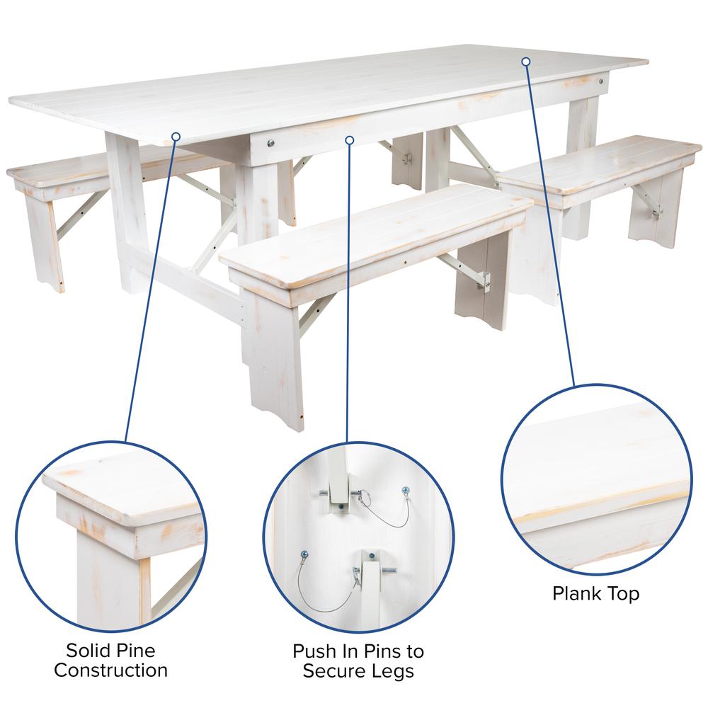 HERCULES Series 8' x 40" Antique Rustic White Folding Farm Table and Four 40.25"L Bench Set. Picture 3