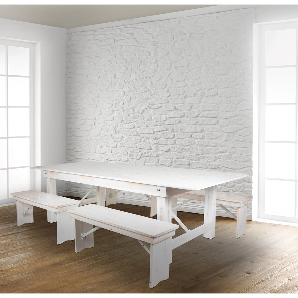 HERCULES Series 8' x 40" Antique Rustic White Folding Farm Table and Four 40.25"L Bench Set. The main picture.