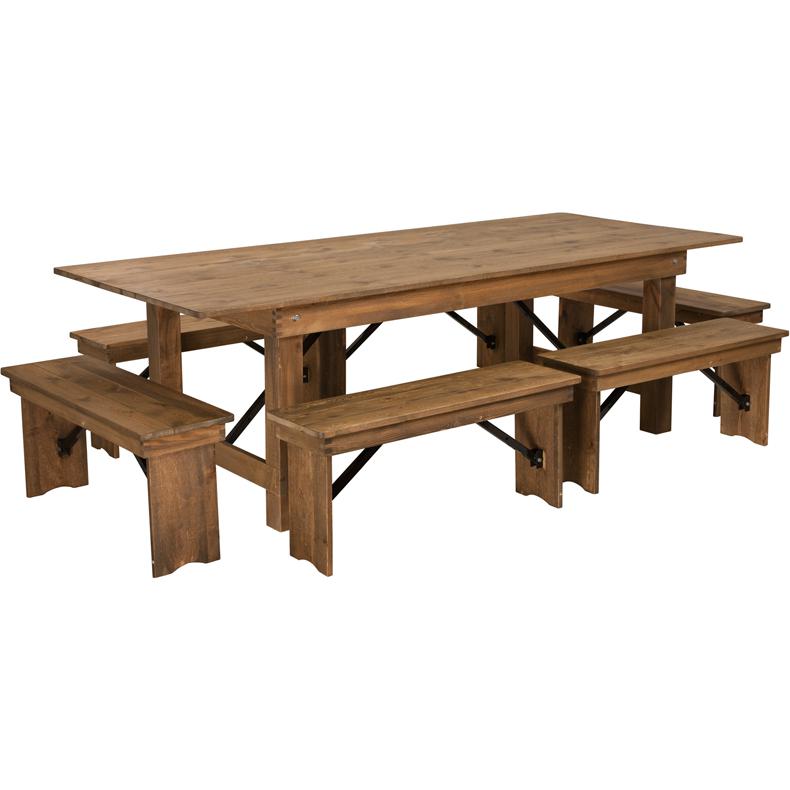 8' x 40" Antique Rustic Folding Farm Table and Six Bench Set. Picture 1