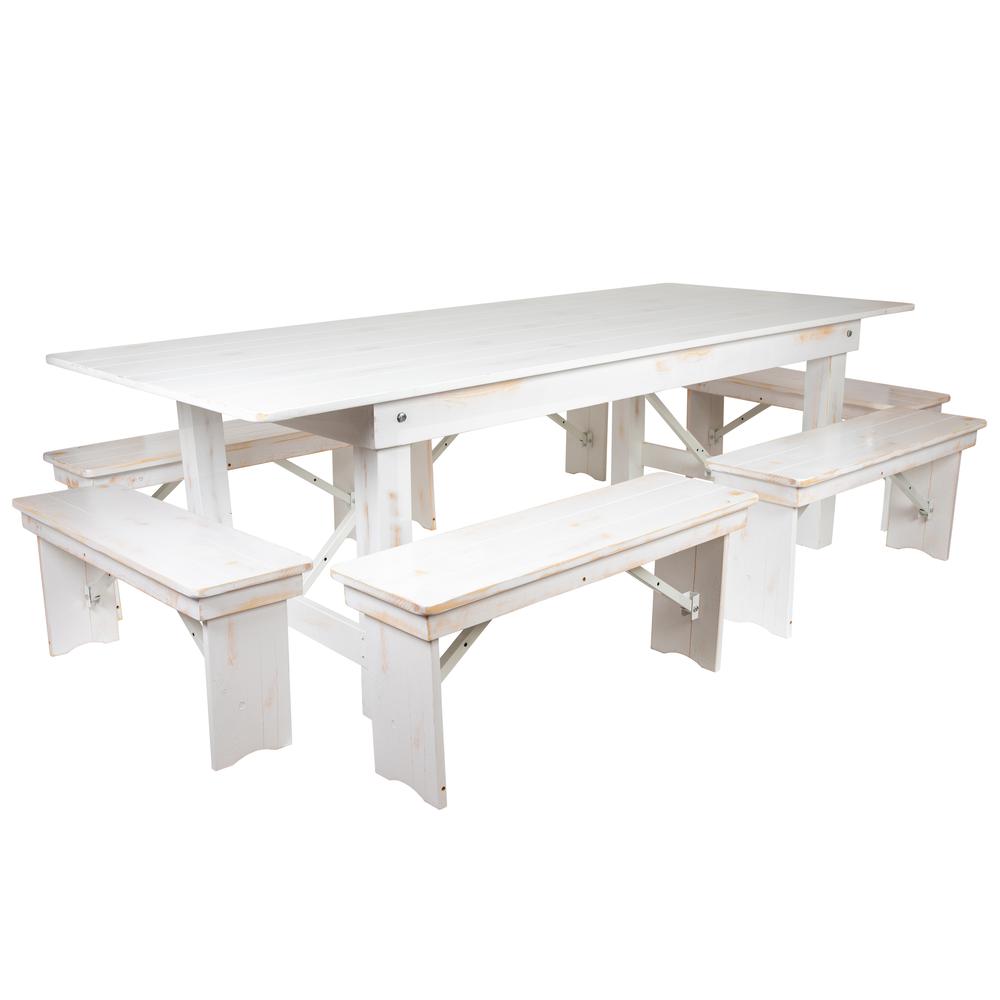 HERCULES Series 8' x 40" Antique Rustic White Folding Farm Table and Six Bench Set. Picture 1