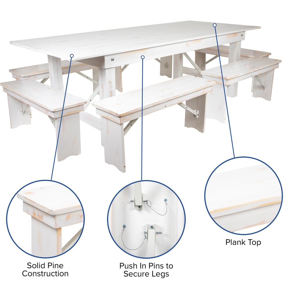 HERCULES Series 8' x 40" Antique Rustic White Folding Farm Table and Six Bench Set. Picture 6