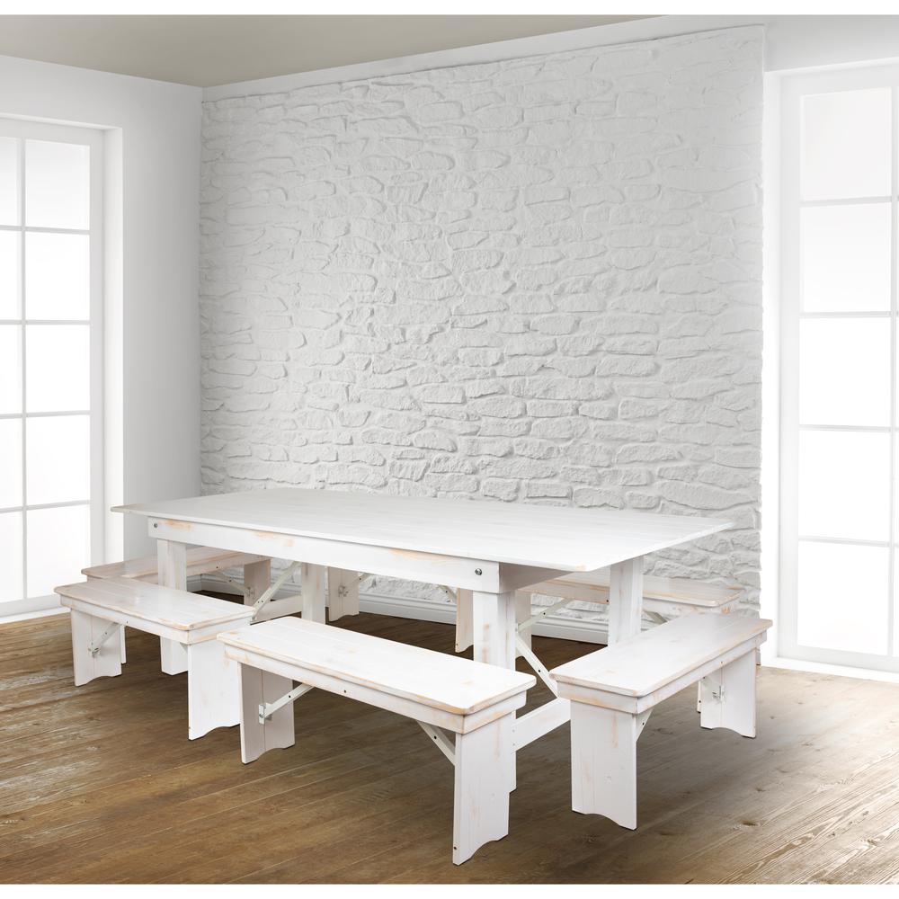 HERCULES Series 8' x 40" Antique Rustic White Folding Farm Table and Six Bench Set. Picture 11