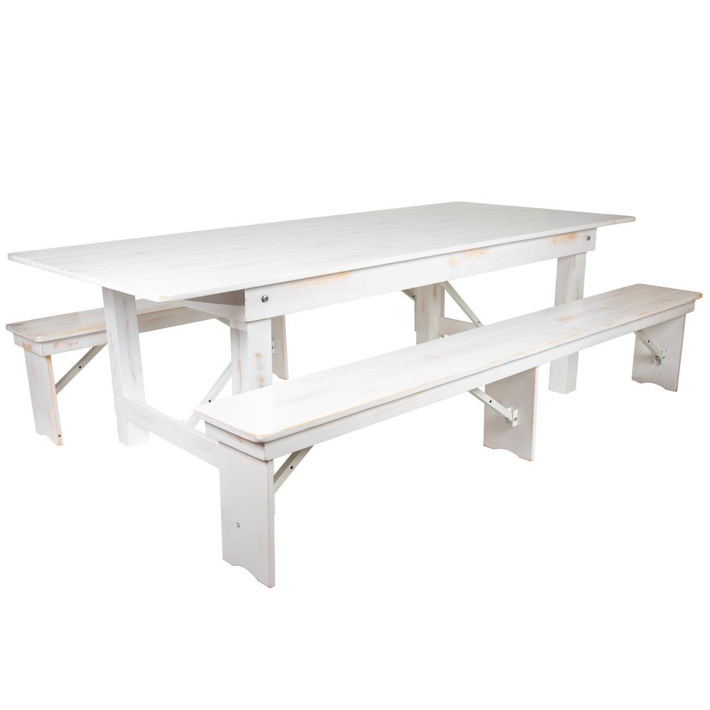 HERCULES Series 8' x 40" Antique Rustic White Folding Farm Table and Two Bench Set. Picture 1