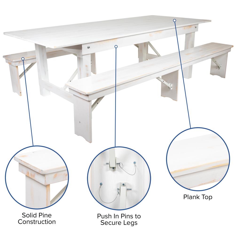 HERCULES Series 8' x 40" Antique Rustic White Folding Farm Table and Two Bench Set. Picture 6