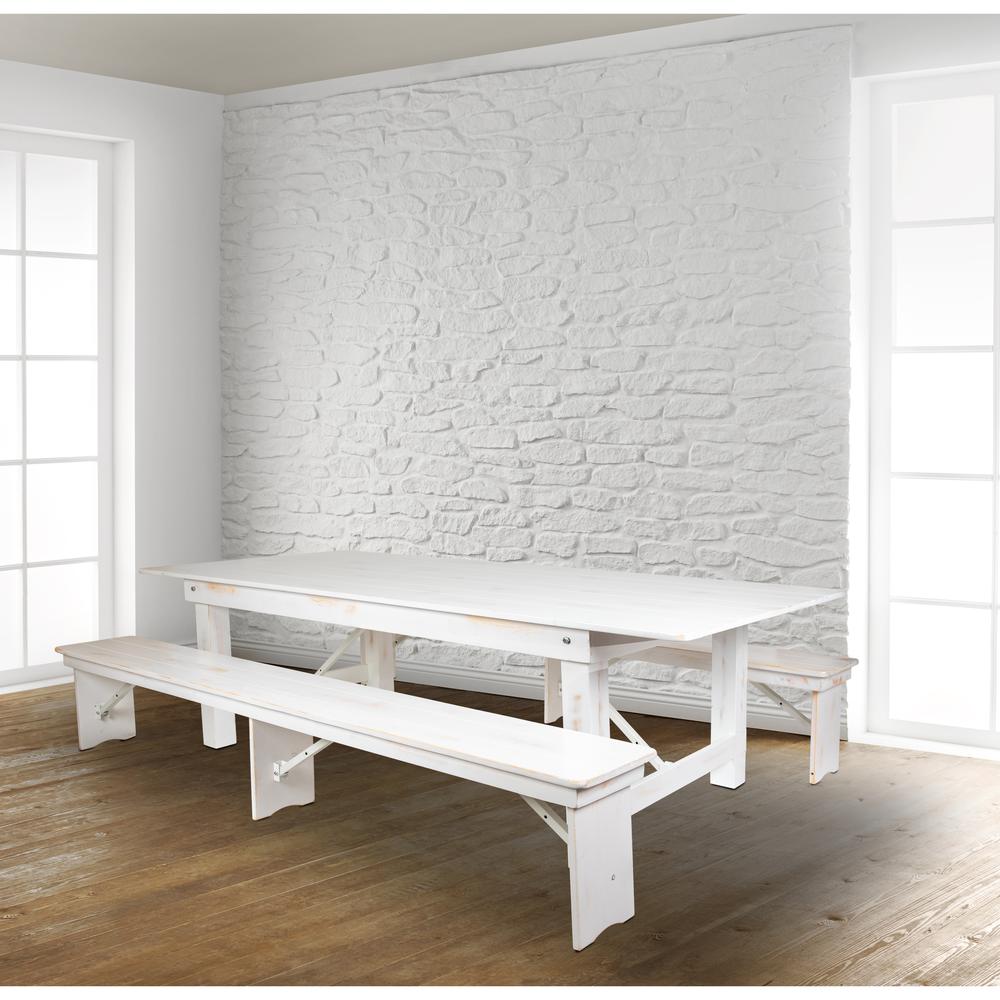 HERCULES Series 8' x 40" Antique Rustic White Folding Farm Table and Two Bench Set. Picture 11