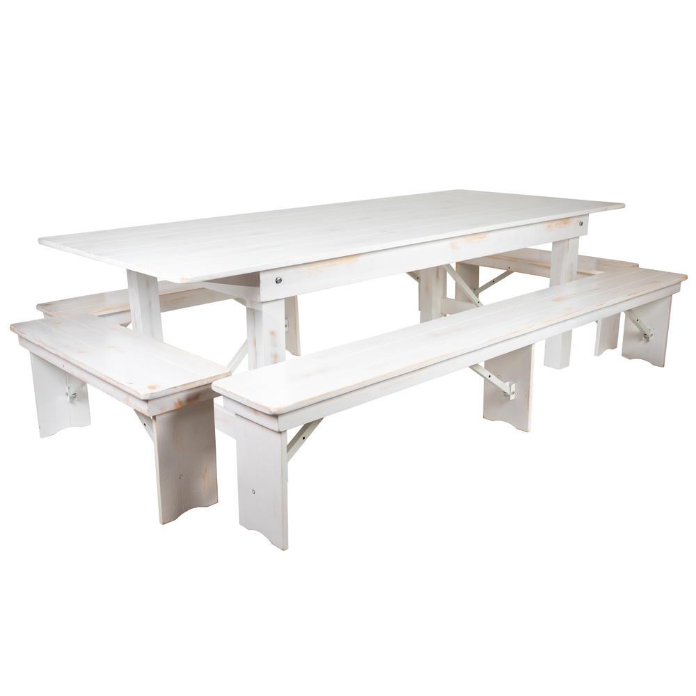 HERCULES Series 8' x 40" Antique Rustic White Folding Farm Table and Four Bench Set. Picture 2