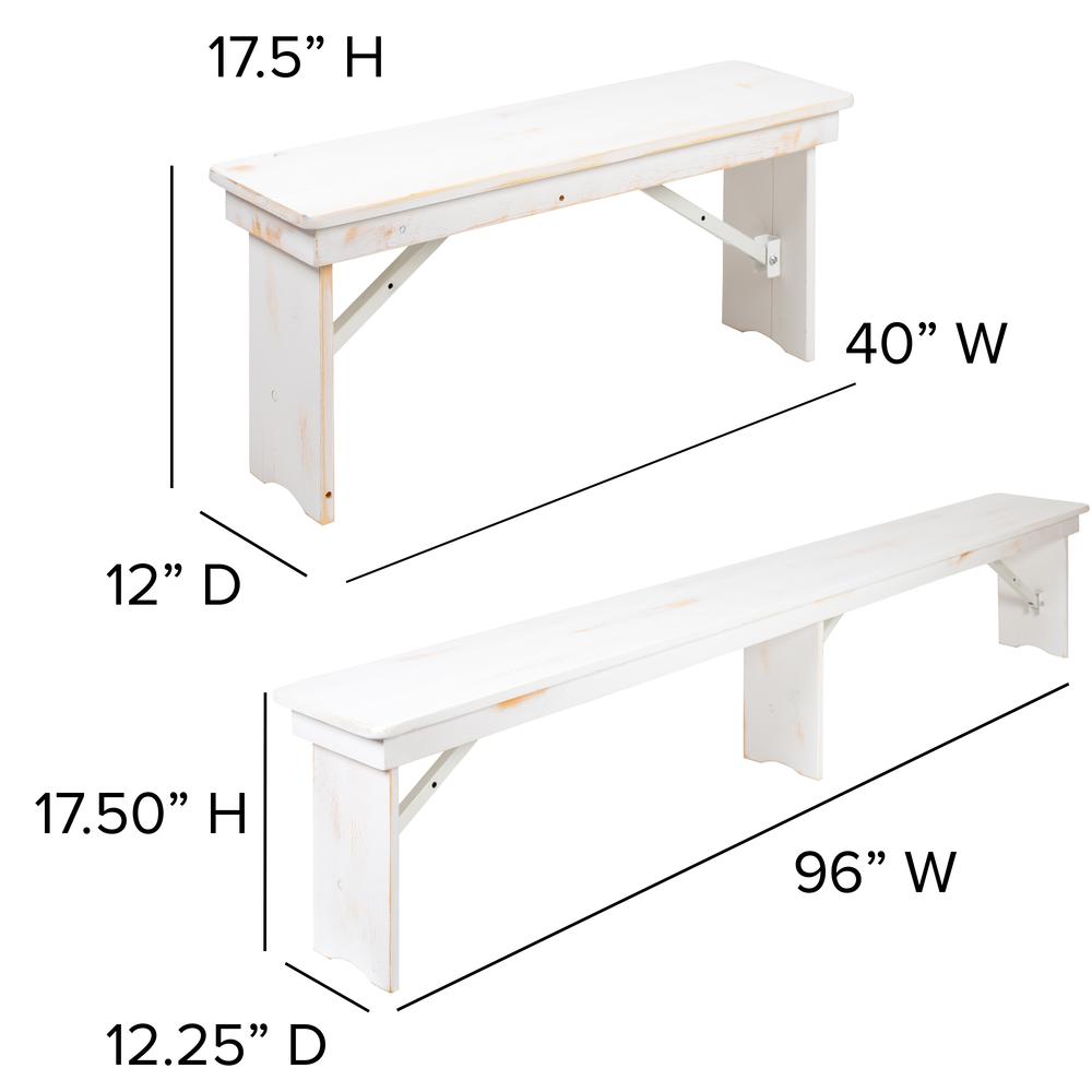 HERCULES Series 8' x 40" Antique Rustic White Folding Farm Table and Four Bench Set. Picture 3