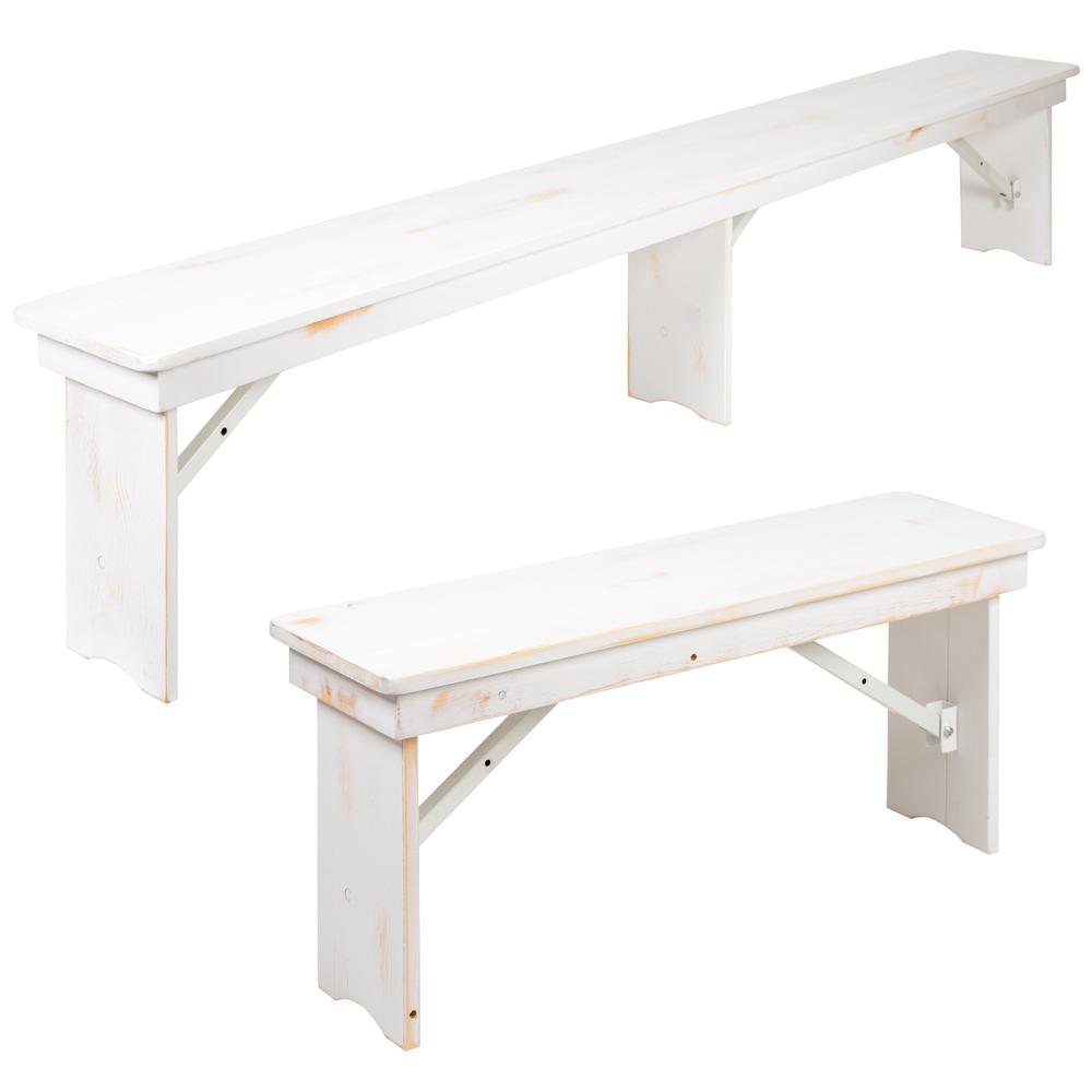 HERCULES Series 8' x 40" Antique Rustic White Folding Farm Table and Four Bench Set. Picture 5