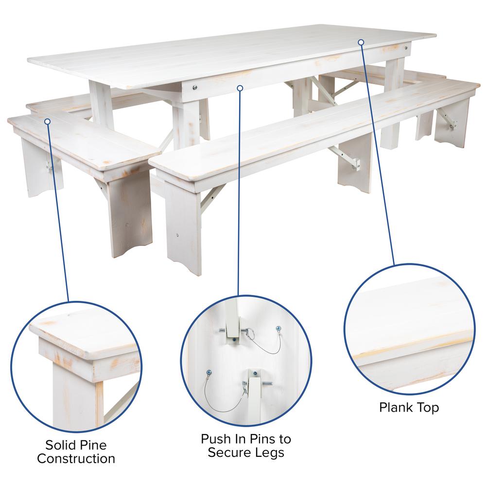 HERCULES Series 8' x 40" Antique Rustic White Folding Farm Table and Four Bench Set. Picture 3