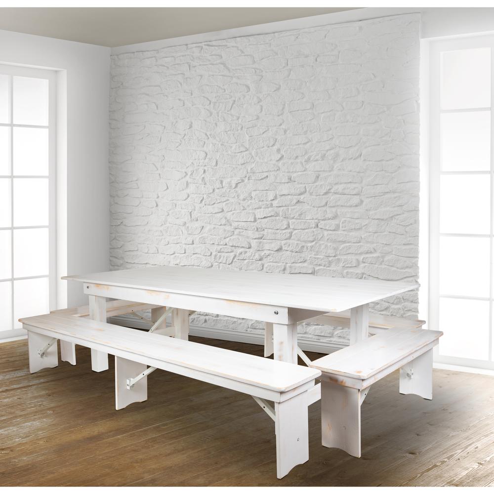 HERCULES Series 8' x 40" Antique Rustic White Folding Farm Table and Four Bench Set. Picture 1