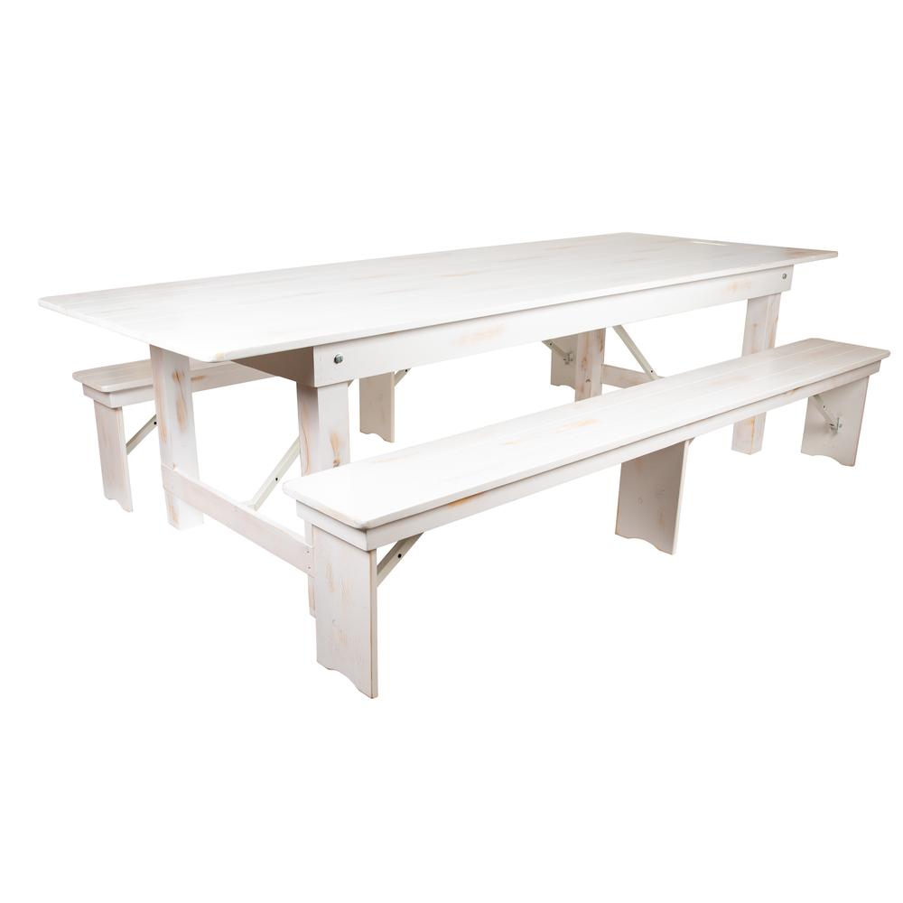 HERCULES Series 9' x 40" Antique Rustic White Folding Farm Table and Two Bench Set. Picture 2