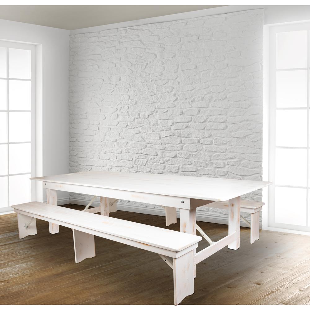 HERCULES Series 9' x 40" Antique Rustic White Folding Farm Table and Two Bench Set. Picture 1