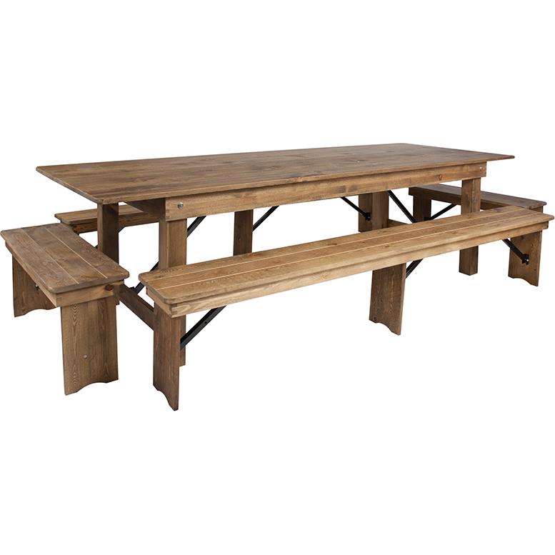 HERCULES Series 9' x 40'' Antique Rustic Folding Farm Table and Four Bench Set. Picture 1