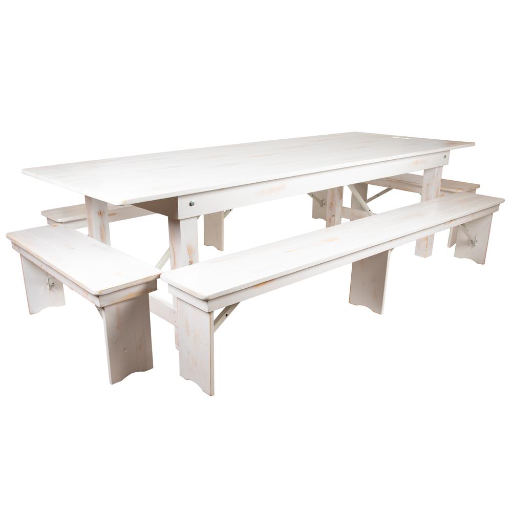 HERCULES Series 9' x 40" Antique Rustic White Folding Farm Table and Four Bench Set. Picture 1