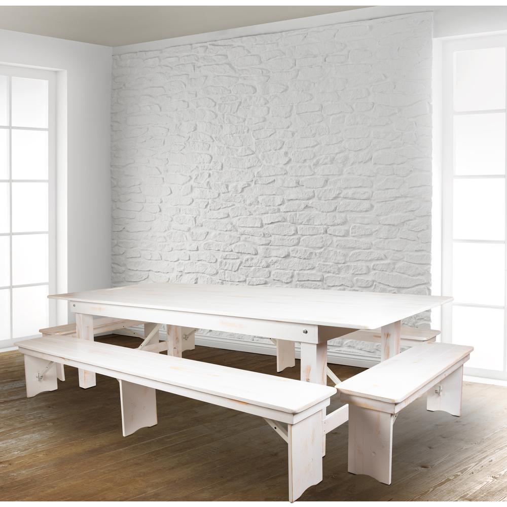 HERCULES Series 9' x 40" Antique Rustic White Folding Farm Table and Four Bench Set. Picture 11