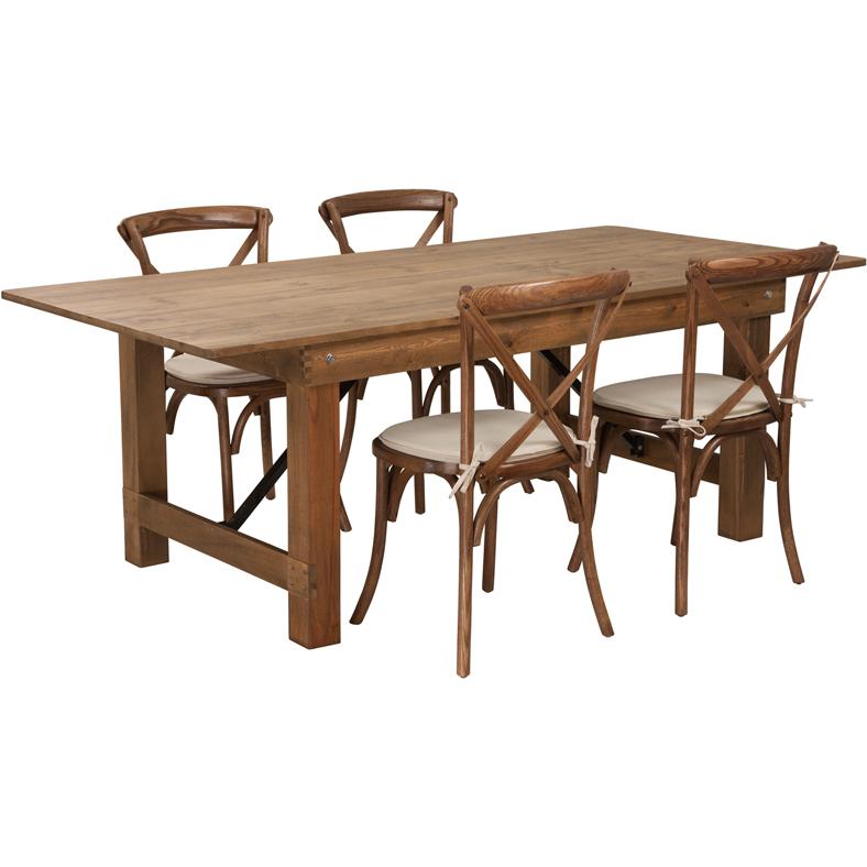 7' x 40'' Antique Rustic Folding Farm Table Set with 4 Cross Back Chairs and Cushions. Picture 1