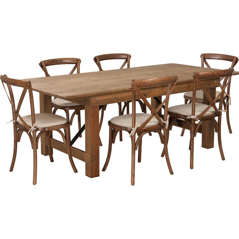 7'x40'' Antique Rustic Folding Farm Table Set-6 Cross Back Chairs and Cushions. Picture 1