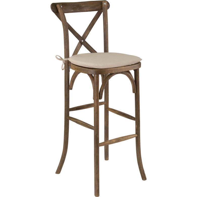 HERCULES Series Dark Antique Wood Cross Back Barstool with Cushion. Picture 2