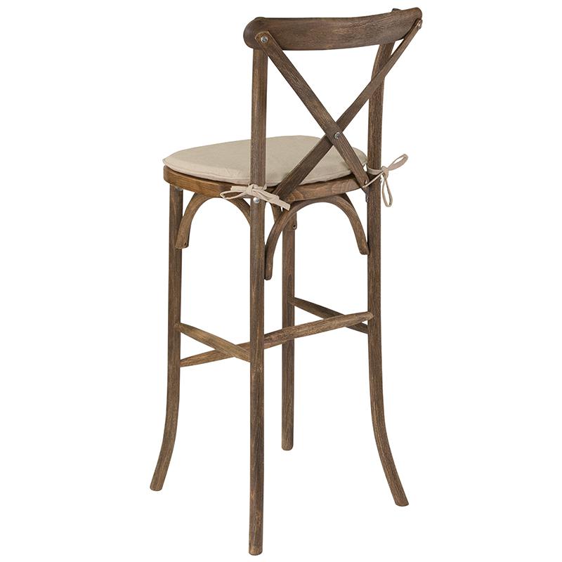 HERCULES Series Dark Antique Wood Cross Back Barstool with Cushion. Picture 4