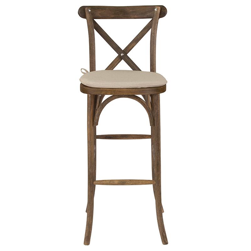HERCULES Series Dark Antique Wood Cross Back Barstool with Cushion. Picture 6