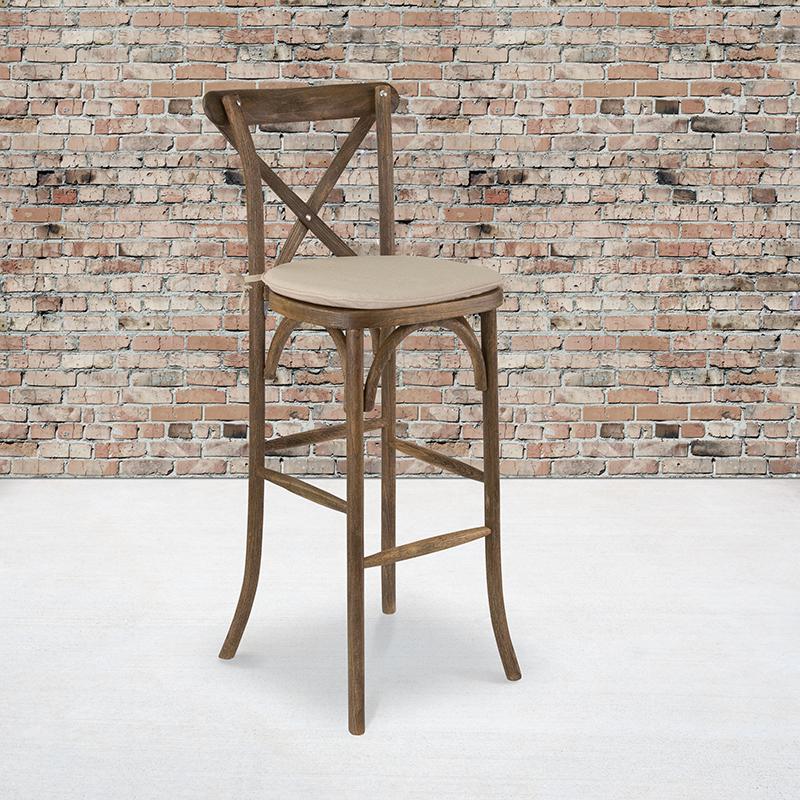 HERCULES Series Dark Antique Wood Cross Back Barstool with Cushion. The main picture.