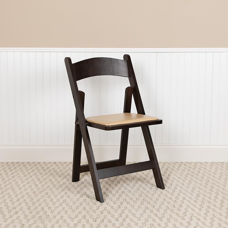 Chocolate Wood Folding Chair with Vinyl Padded Seat. Picture 1
