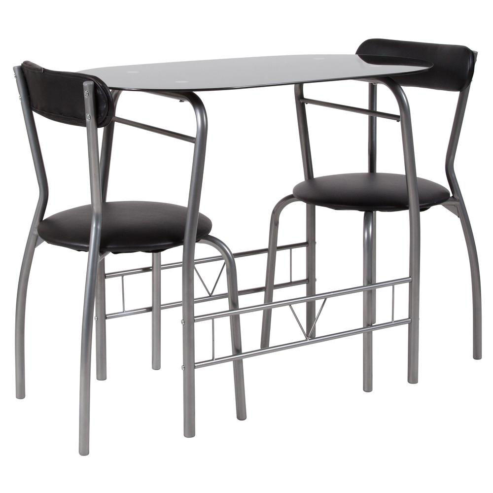 3 Piece Space-Saver Bistro Set with Black Glass Top Table and Black Vinyl Padded Chairs. Picture 1