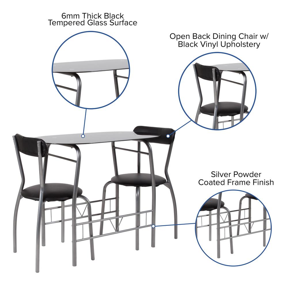 3 Piece Space-Saver Bistro Set with Black Glass Top Table and Black Vinyl Padded Chairs. Picture 2