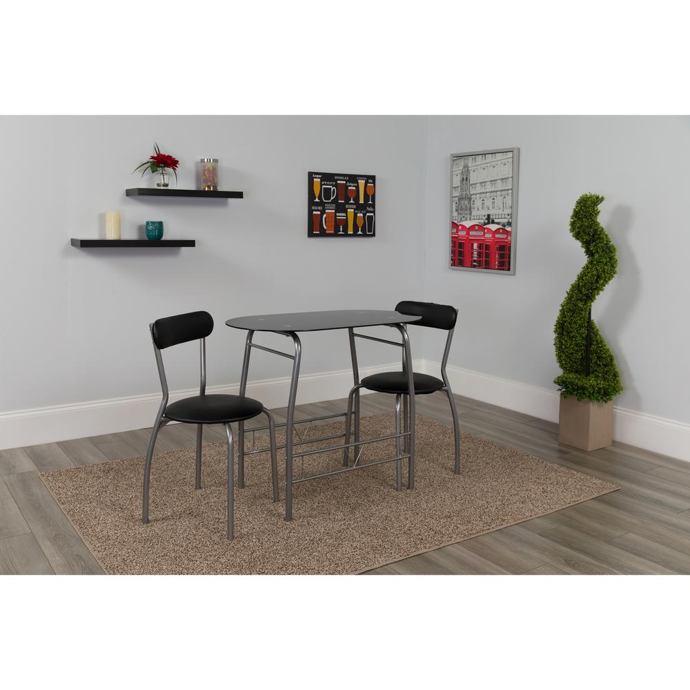 3 Piece Space-Saver Bistro Set with Black Glass Top Table and Black Vinyl Padded Chairs. Picture 5