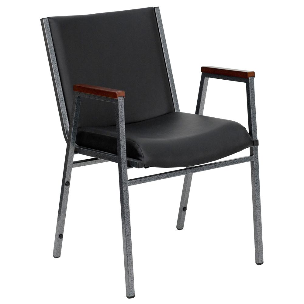 Heavy Duty Black Vinyl Stack Chair with Arms. Picture 1