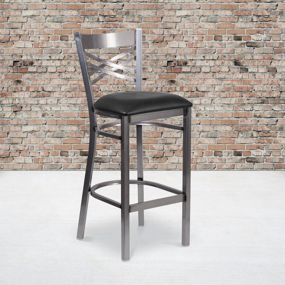 Clear Coated ''X'' Back Metal Restaurant Barstool - Black Vinyl Seat. Picture 5