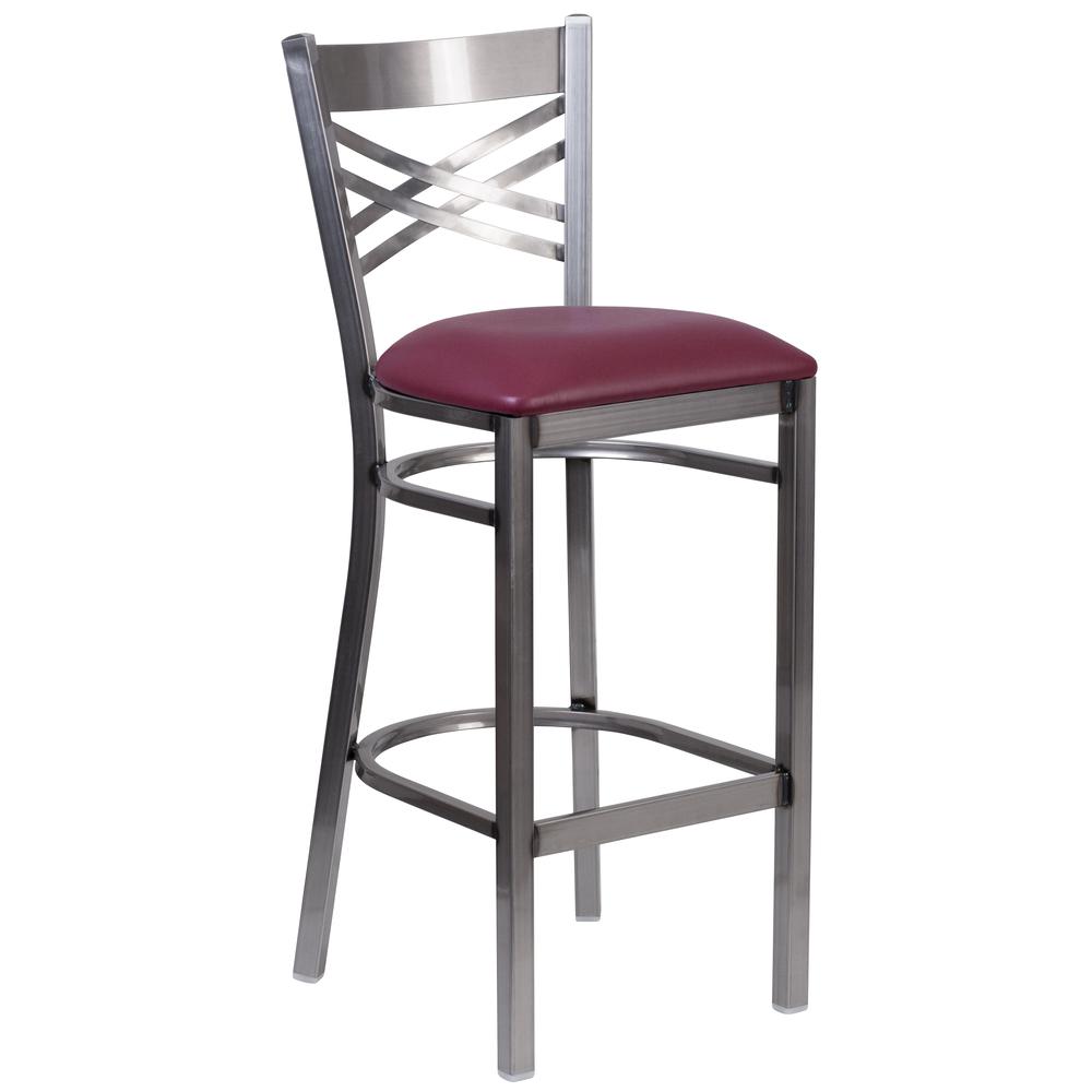 Clear Coated ''X'' Back Metal Restaurant Barstool - Burgundy Vinyl Seat. Picture 1