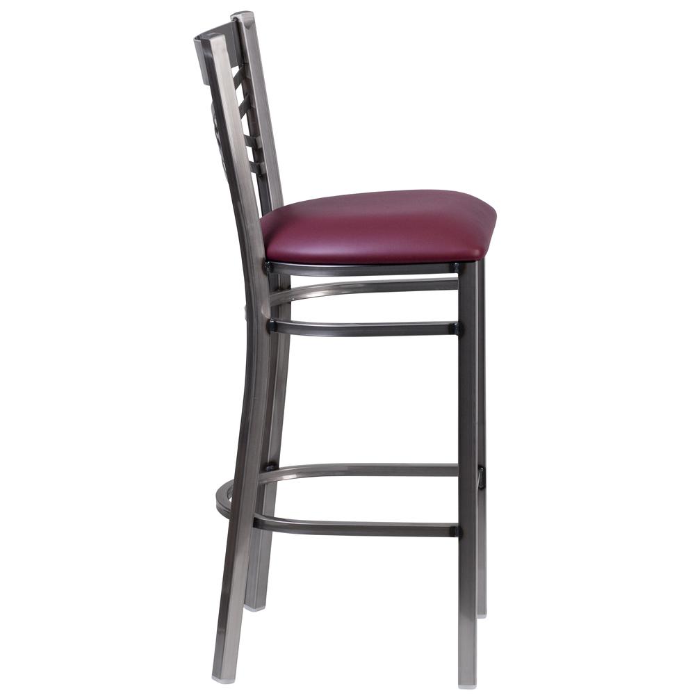 Clear Coated ''X'' Back Metal Restaurant Barstool - Burgundy Vinyl Seat. Picture 2