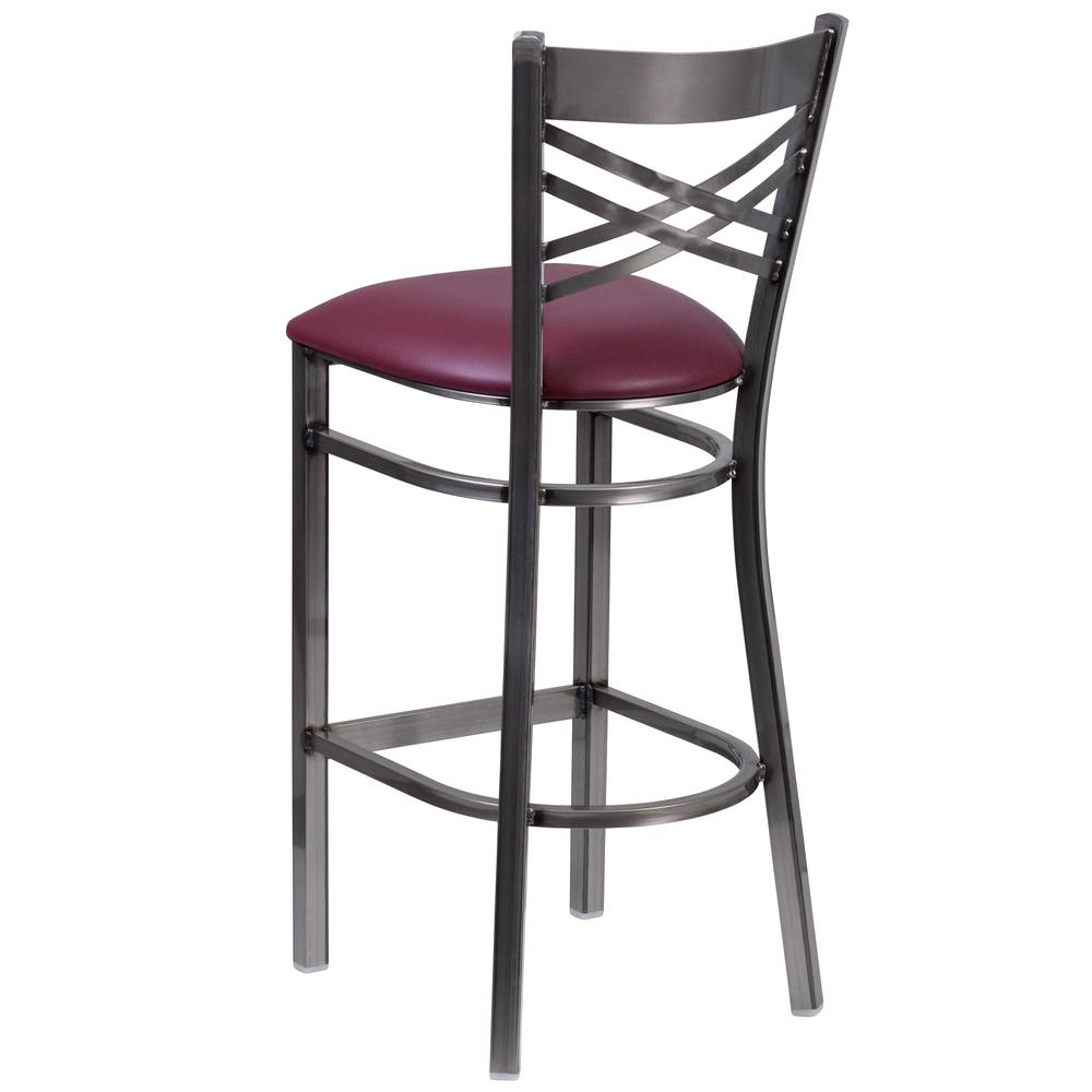 Clear Coated ''X'' Back Metal Restaurant Barstool - Burgundy Vinyl Seat. Picture 3