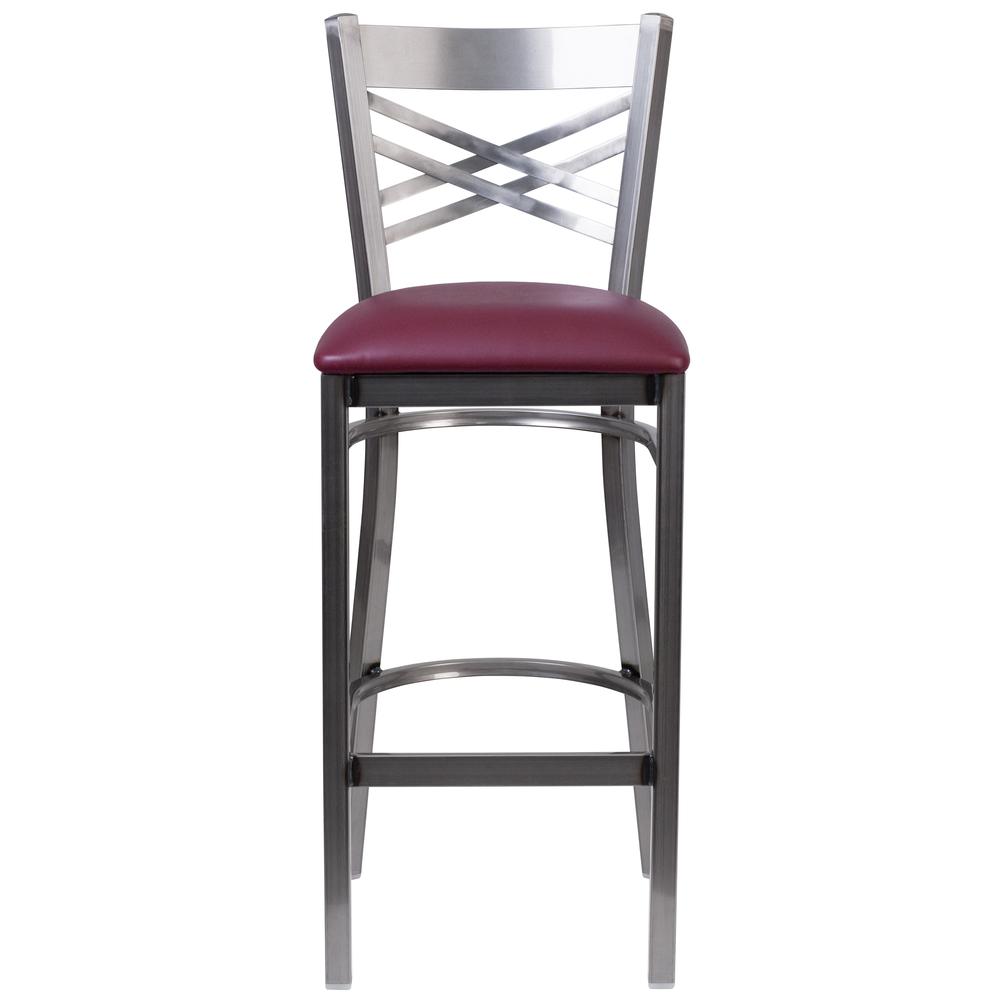 Clear Coated ''X'' Back Metal Restaurant Barstool - Burgundy Vinyl Seat. Picture 4