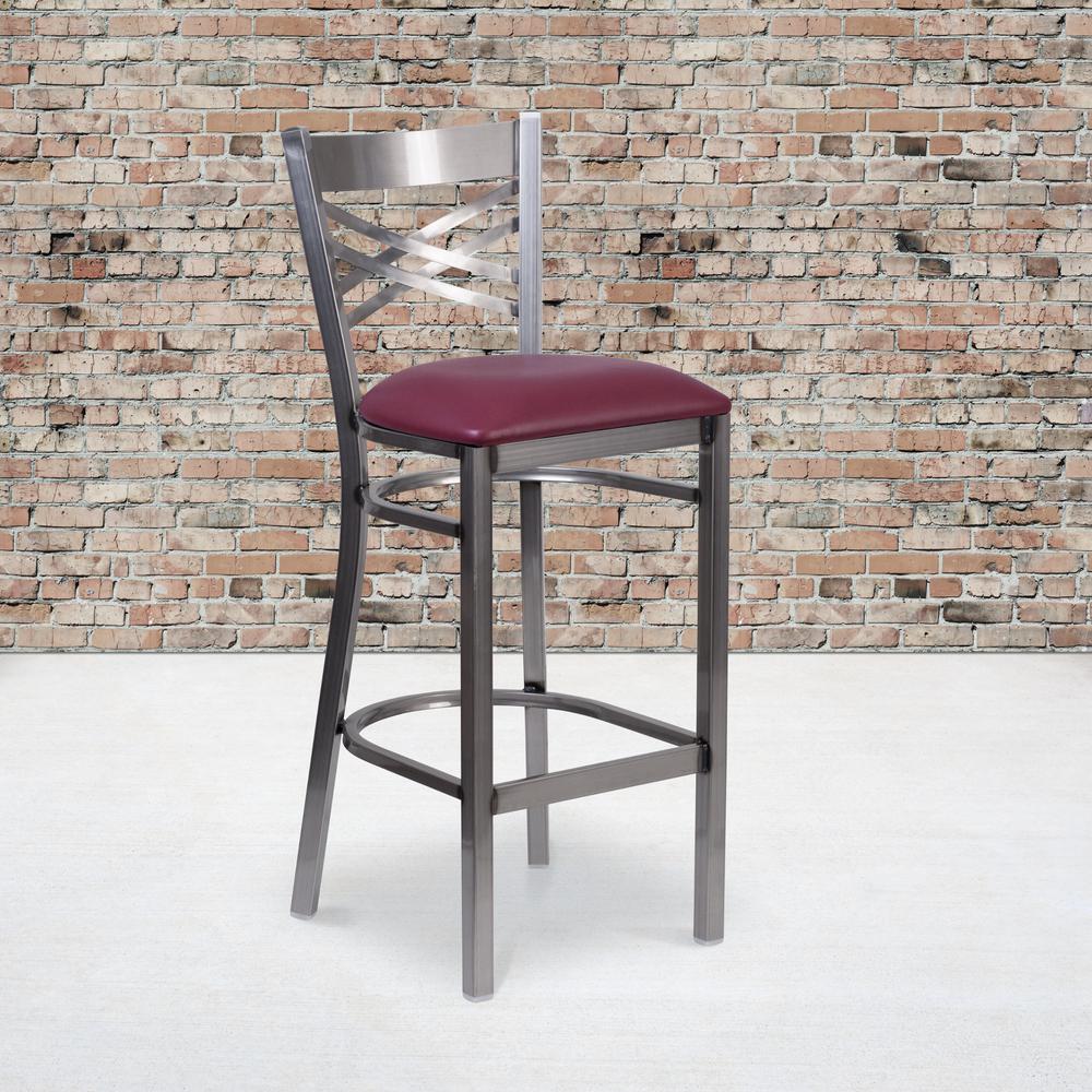 Clear Coated ''X'' Back Metal Restaurant Barstool - Burgundy Vinyl Seat. Picture 5
