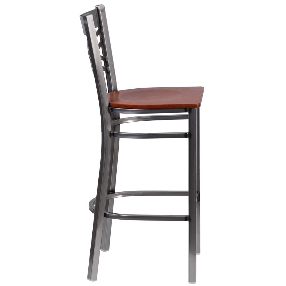 HERCULES Series Clear Coated ''X'' Back Metal Restaurant Barstool - Cherry Wood Seat. Picture 2