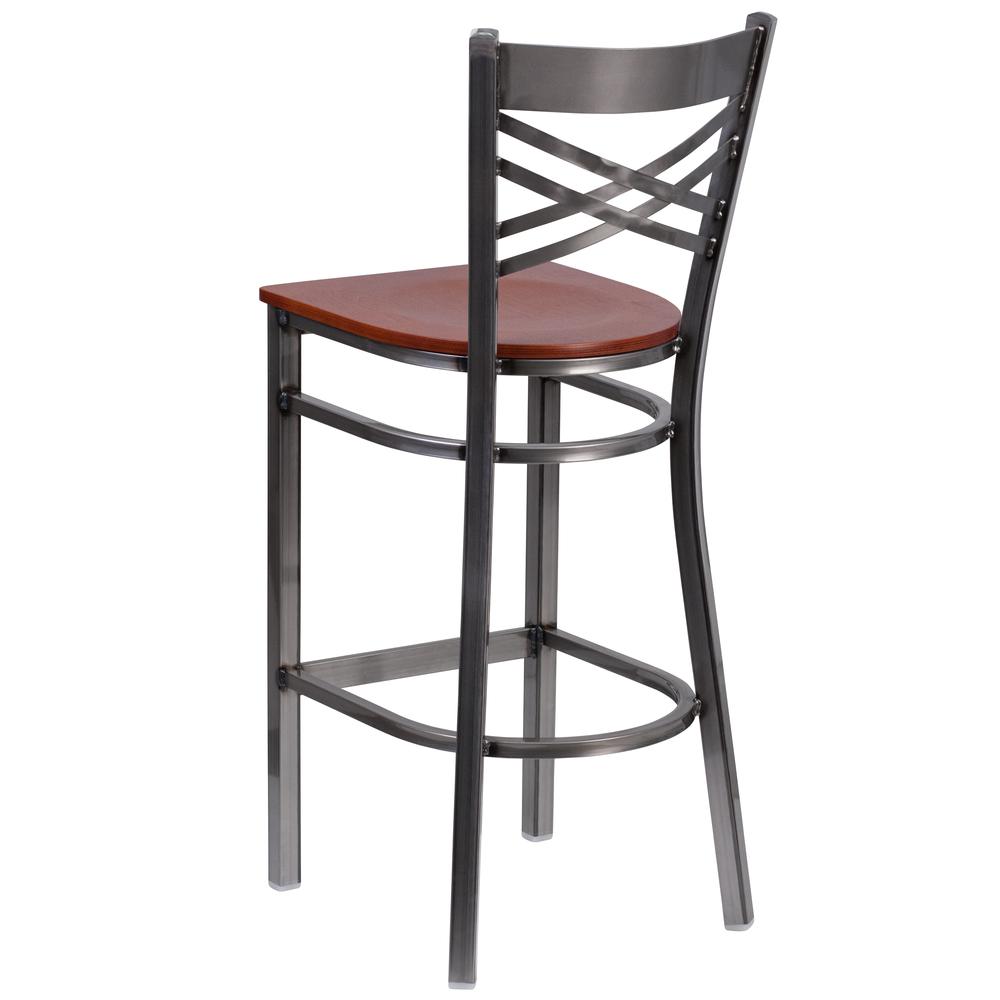 HERCULES Series Clear Coated ''X'' Back Metal Restaurant Barstool - Cherry Wood Seat. Picture 3