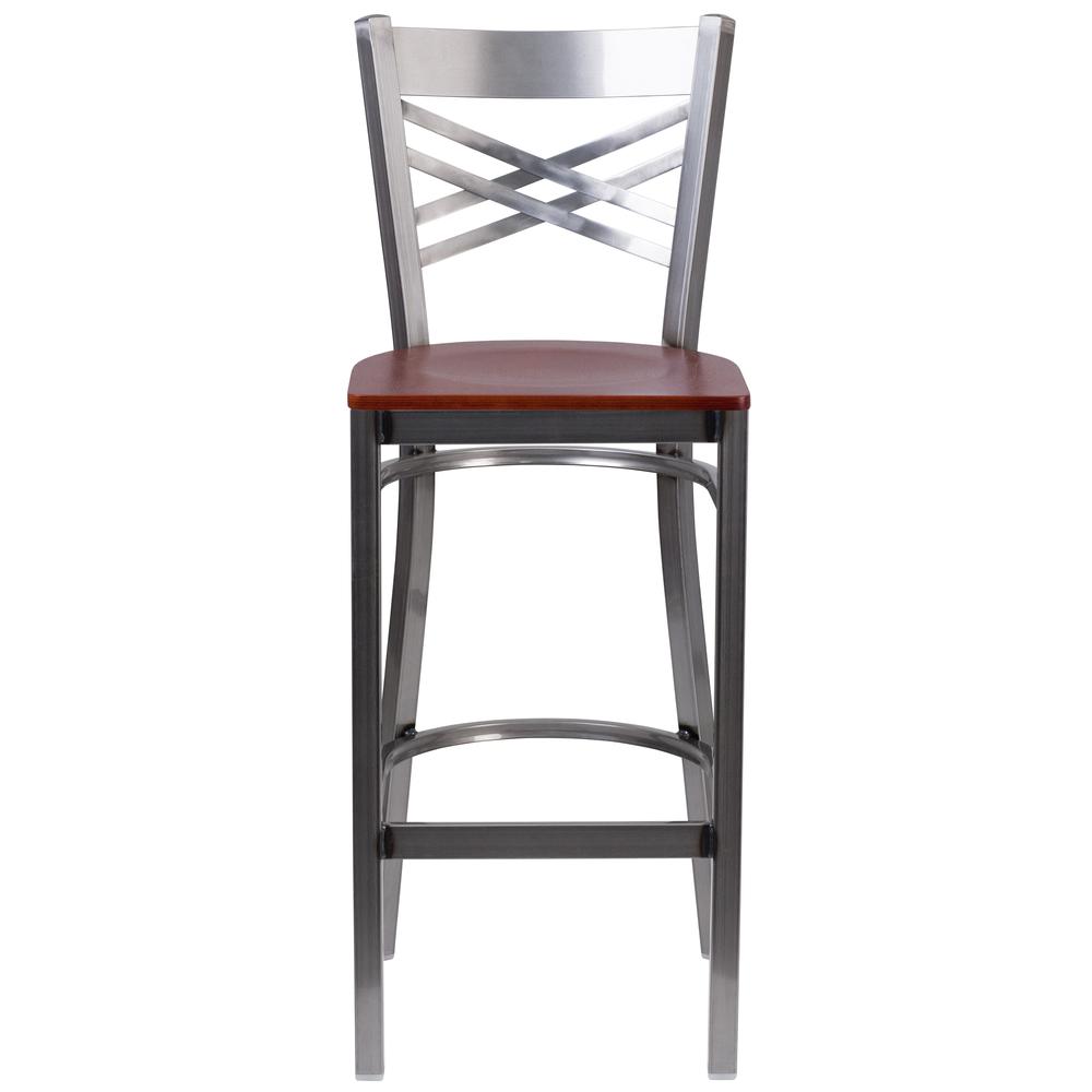 HERCULES Series Clear Coated ''X'' Back Metal Restaurant Barstool - Cherry Wood Seat. Picture 4
