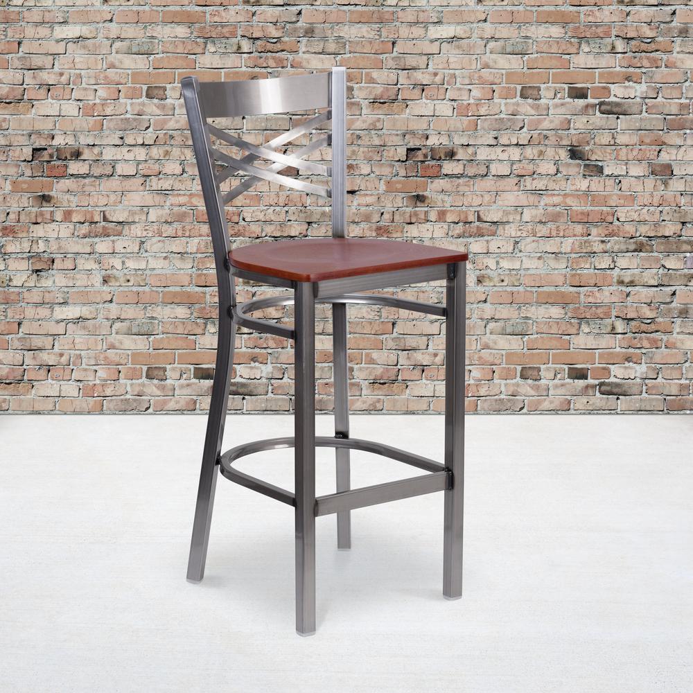 Clear Coated ''X'' Back Metal Restaurant Barstool - Cherry Wood Seat. Picture 5