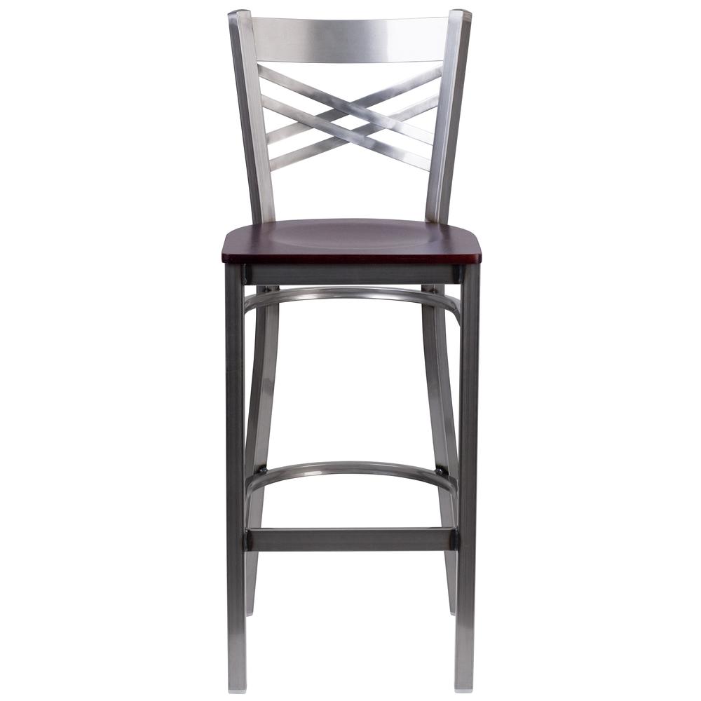 HERCULES Series Clear Coated ''X'' Back Metal Restaurant Barstool - Mahogany Wood Seat. Picture 4