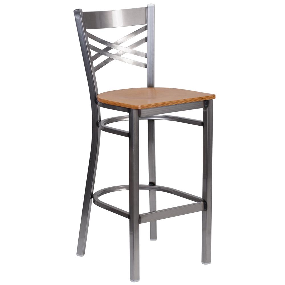 HERCULES Series Clear Coated ''X'' Back Metal Restaurant Barstool - Natural Wood Seat. The main picture.