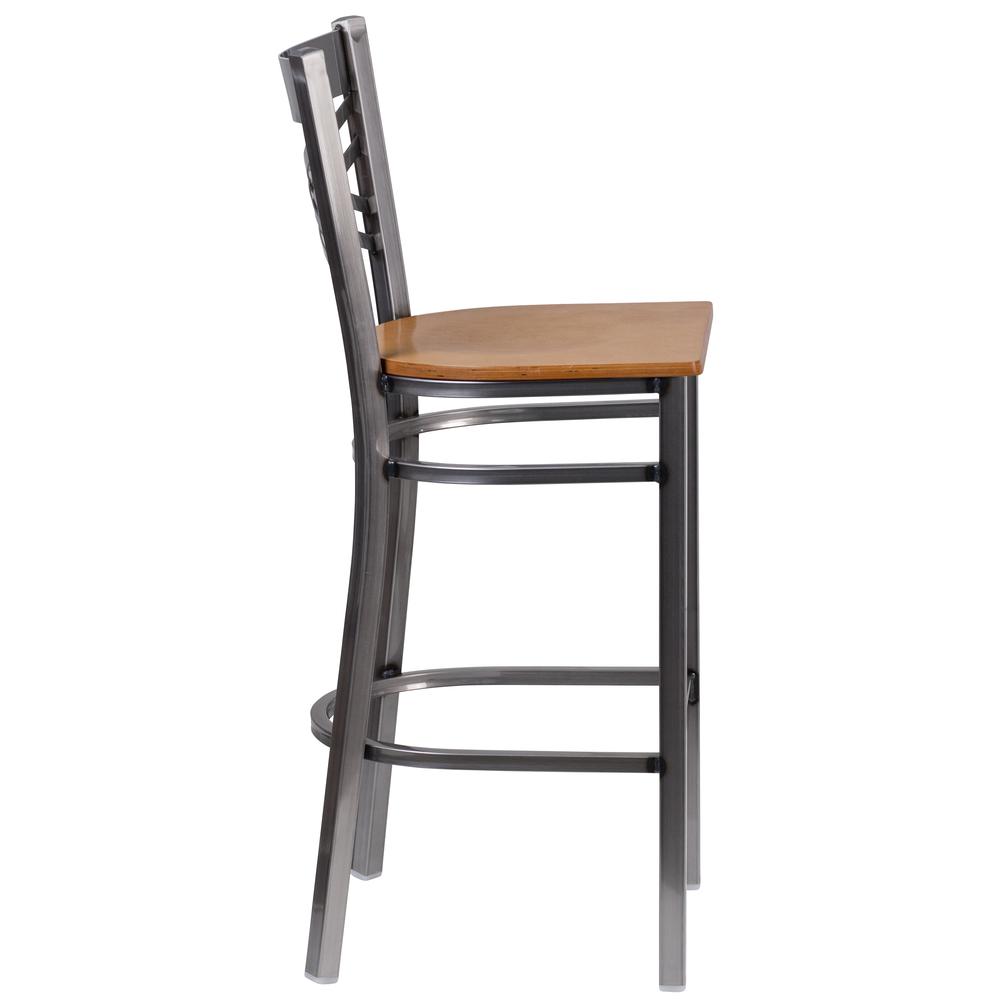 HERCULES Series Clear Coated ''X'' Back Metal Restaurant Barstool - Natural Wood Seat. Picture 2