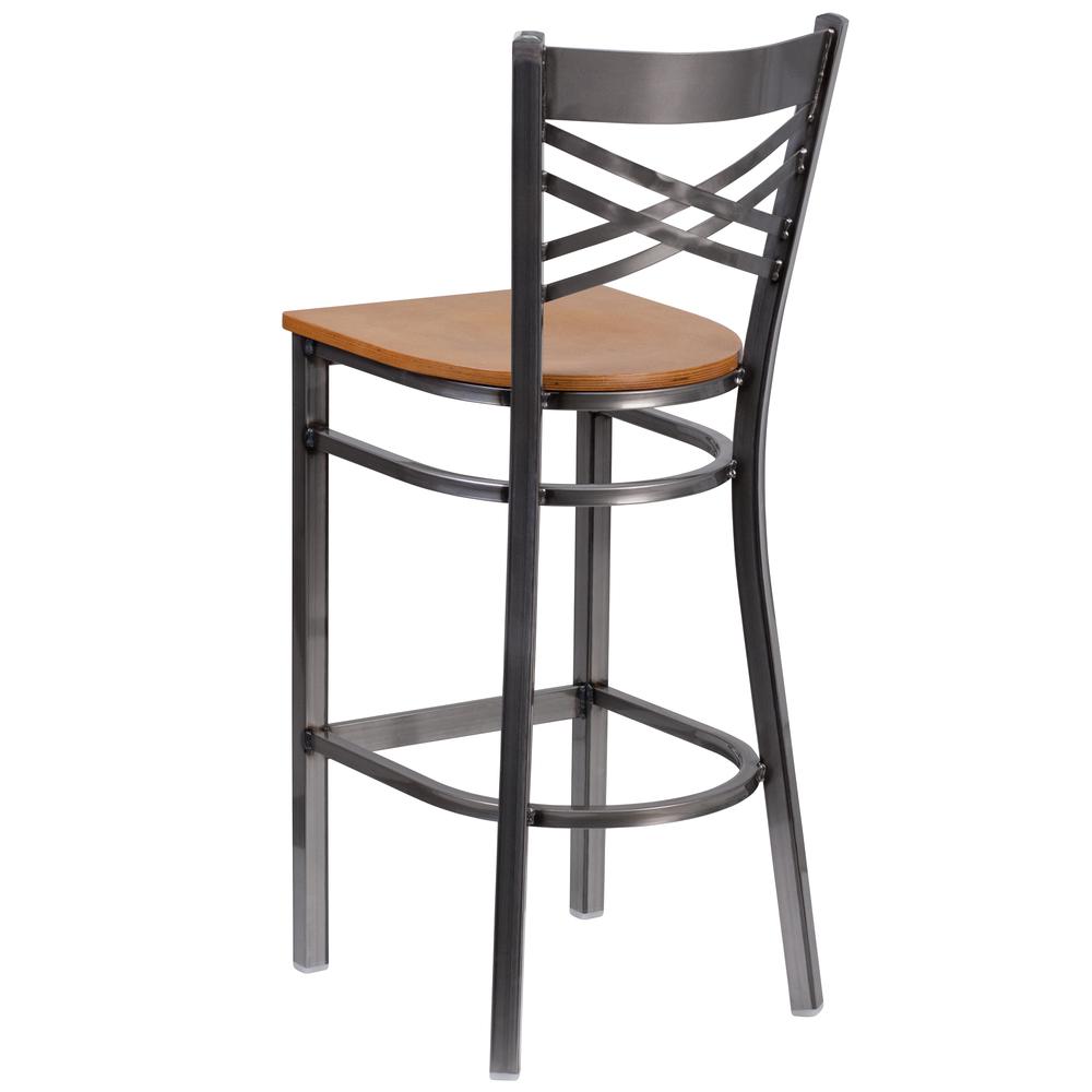 Clear Coated ''X'' Back Metal Restaurant Barstool - Natural Wood Seat. Picture 3