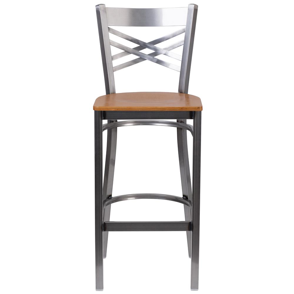 Clear Coated ''X'' Back Metal Restaurant Barstool - Natural Wood Seat. Picture 4