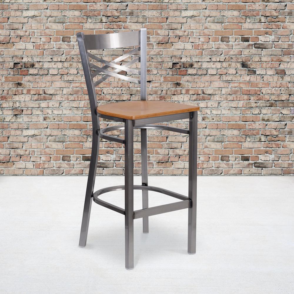 Clear Coated ''X'' Back Metal Restaurant Barstool - Natural Wood Seat. Picture 5