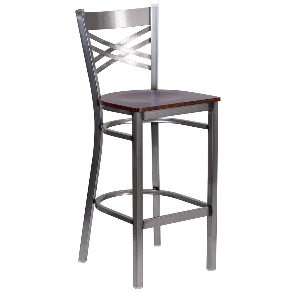 Clear Coated ''X'' Back Metal Restaurant Barstool - Walnut Wood Seat. Picture 1